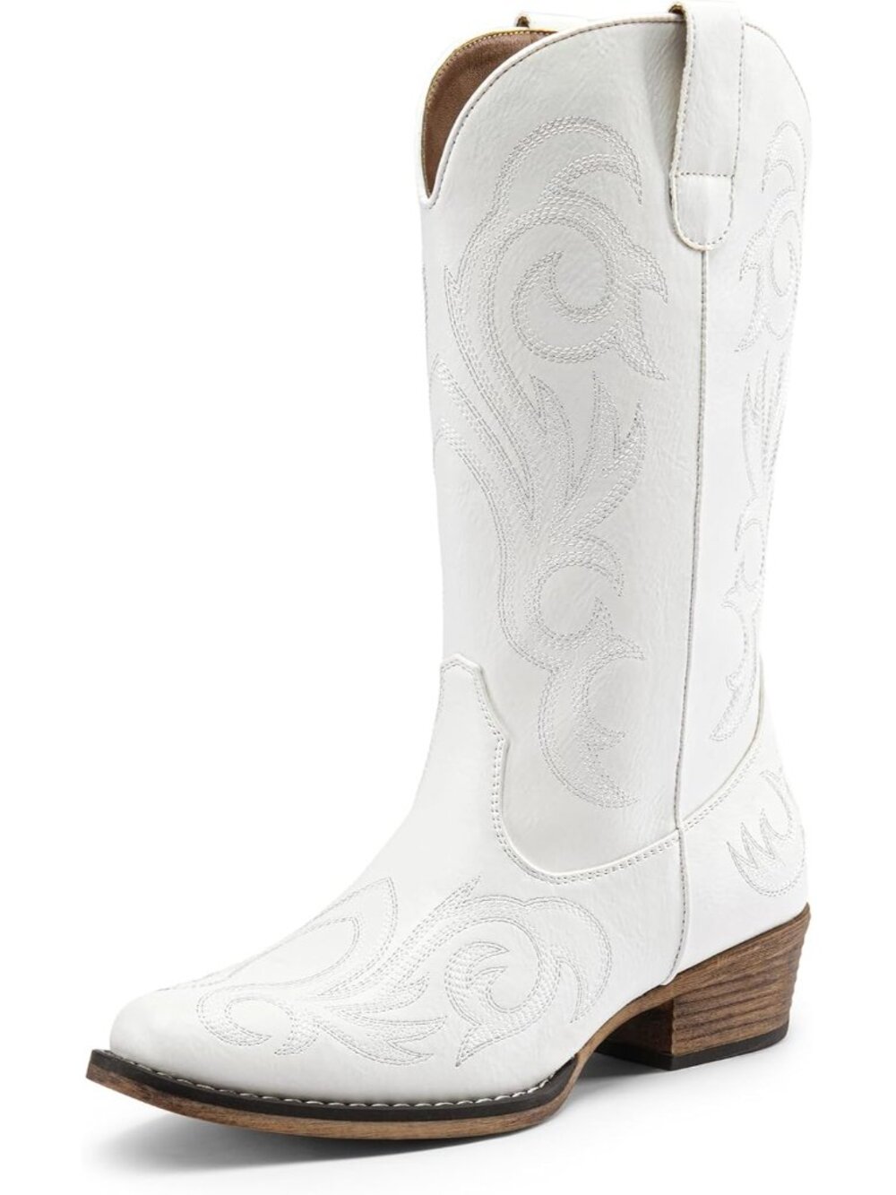 DREAM PAIRS Womens White Square Toe Stitched Western Cowgirl Mid Calf Boot Shoes